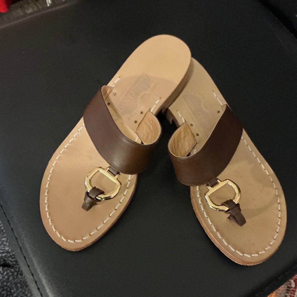 $428 Sz 6 Amedeo Canfora Capri Brown Leather Gold Detail Sandals